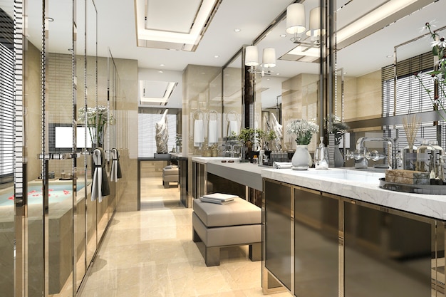 3d рендеринга современная классическая ванная комната с роскошным декором плитки с прекрасным видом на природу из окна
