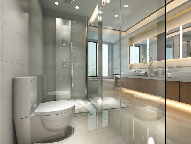 3d rendering modern classic bathroom with luxury tile decor