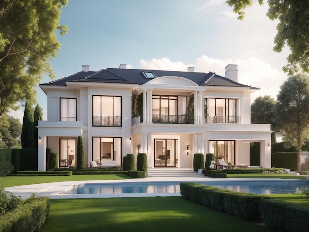 Foto rendering 3d di una casa classica moderna con giardino di lusso