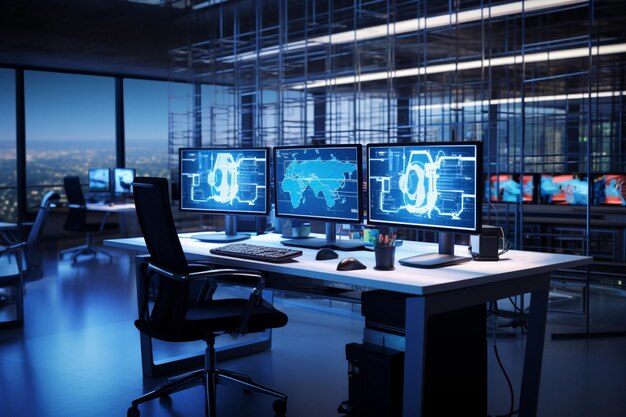 3d rendering of a modern computer room with a lot of equipment