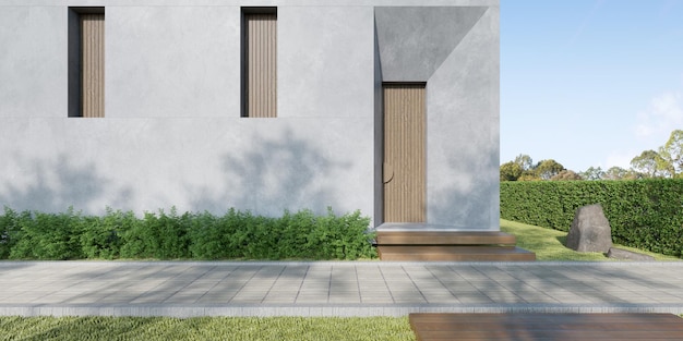 3d rendering of modern concrete building with large wooden entrance door