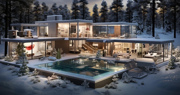 3d rendering of modern cozy house on the hill with garage and pool for sale or rent with beautiful landscaping on background Cool winter day with shiny white snow