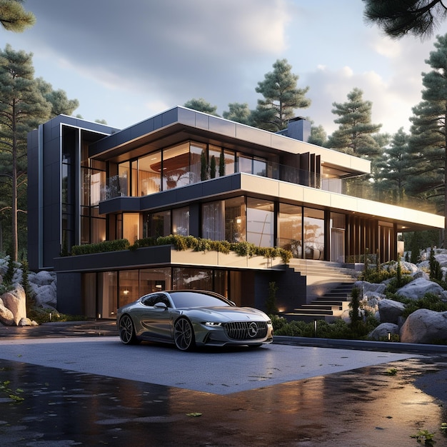 3d rendering of modern cozy house with garage and a car for sale or rent