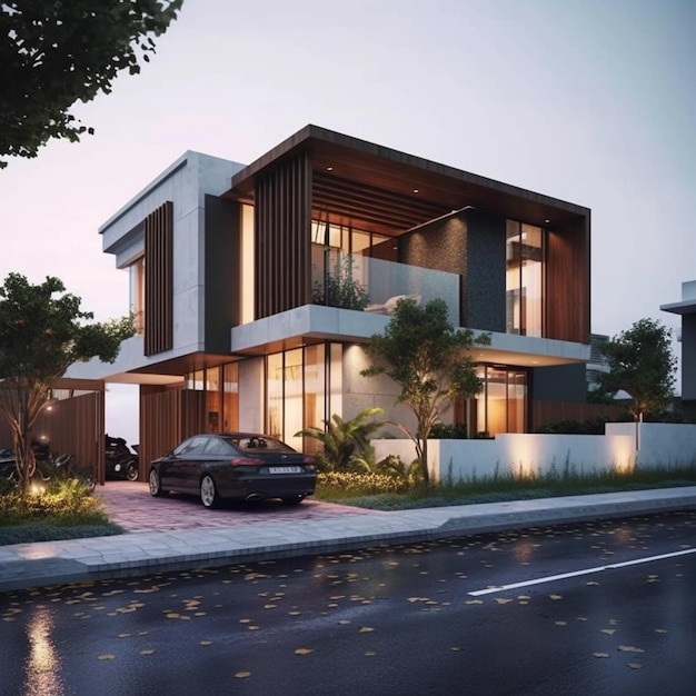 3D-рендеринг современного уютного дома с гаражом и бассейном для продажи или аренды