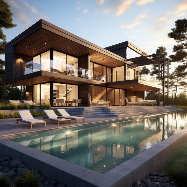 3d rendering of modern cozy house with pool and parking for sale or rent Beautiful forest on backgro