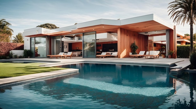 수영장 및 주차장과 함께 현대적인 쾌적한 집의 3d 렌더링 판매 또는 임대 은 은 여름 날