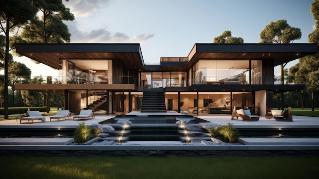 3d rendering of modern cozy house with pool and parking for sale or rent in luxurious style and beautiful landscaping on background Clear summer evening with golden sunlight Generative AI