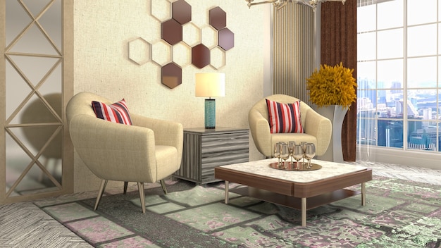 3D rendering of a modern and cozy living room