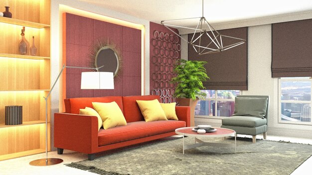 3D rendering of a modern and cozy living room