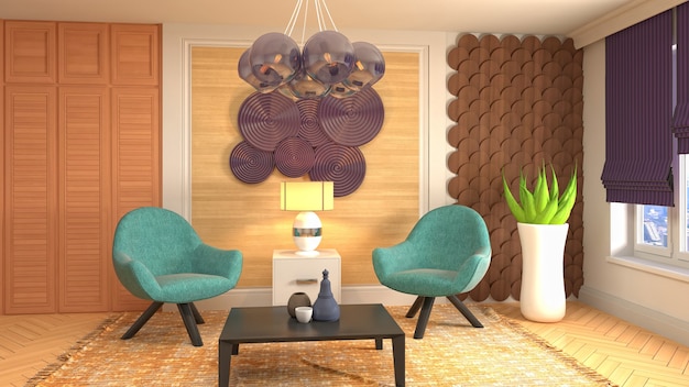 3D rendering of a modern and cozy living room