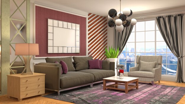 3D rendering of a modern and cozy living room