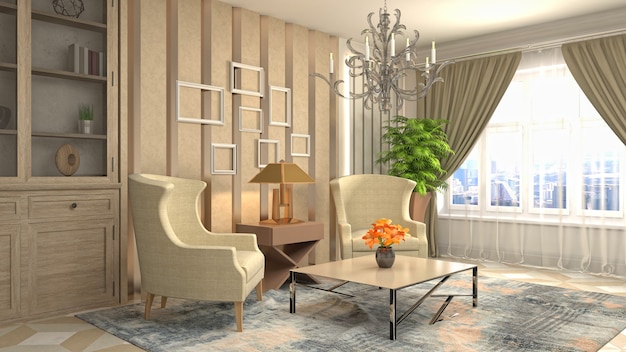 3D rendering of a modern and cozy living room