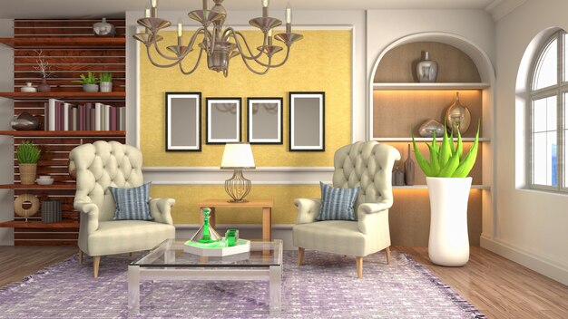 3D rendering of a modern and cozy living room