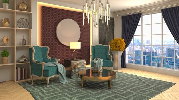 3D rendering of a modern and cozy living room