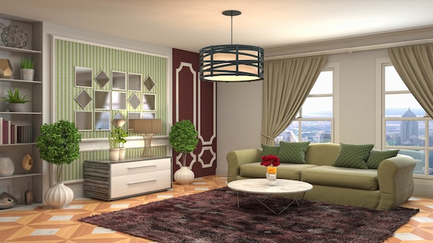 3D rendering of a modern and cozy living room