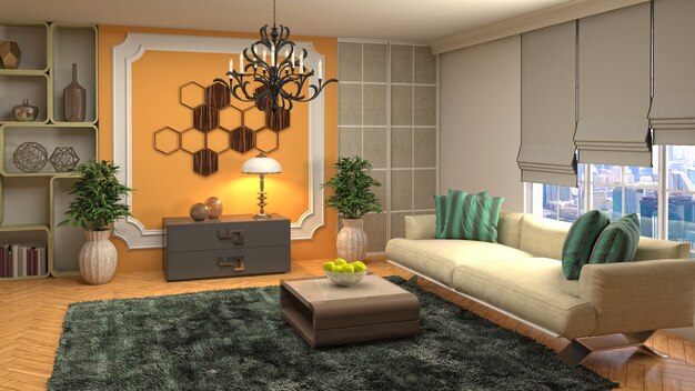 3D rendering of a modern and cozy living room