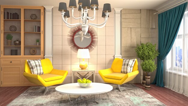 3D rendering of a modern and cozy living room