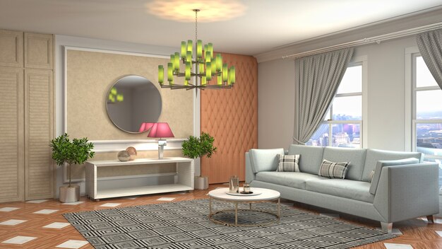 3D rendering of a modern and cozy living room