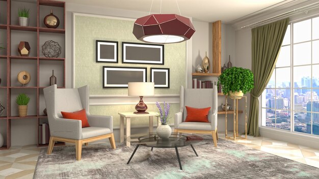 3D rendering of a modern and cozy living room