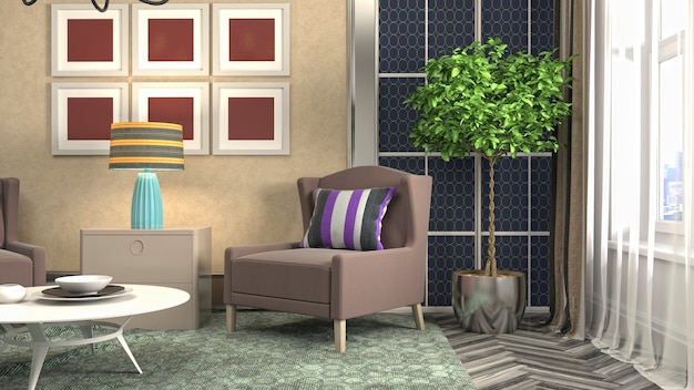 3D rendering of a modern and cozy living room