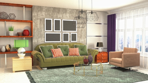 3D rendering of a modern and cozy living room