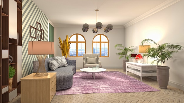 3D rendering of a modern and cozy living room