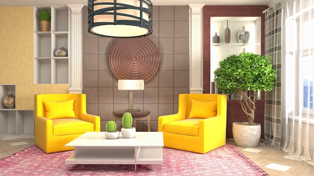 3D rendering of a modern and cozy living room