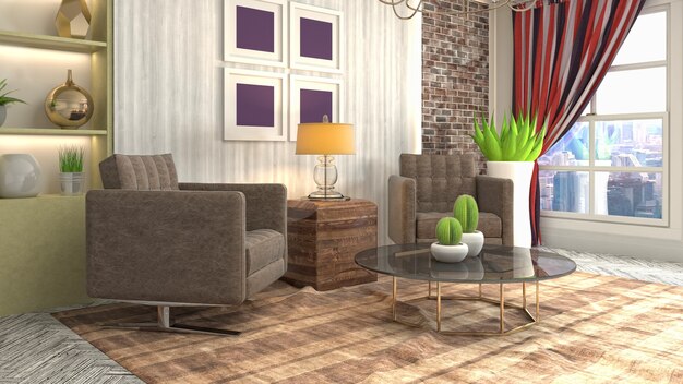 3D rendering of a modern and cozy living room