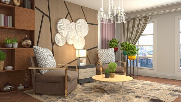 3D rendering of a modern and cozy living room