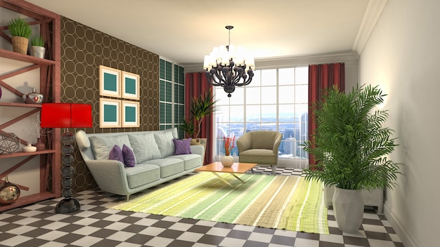 3D rendering of a modern and cozy living room