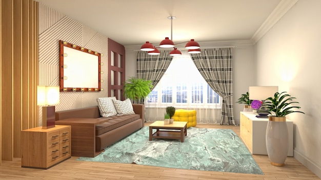 3D rendering of a modern and cozy living room