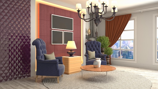 3D rendering of a modern and cozy living room