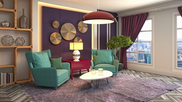 3D rendering of a modern and cozy living room