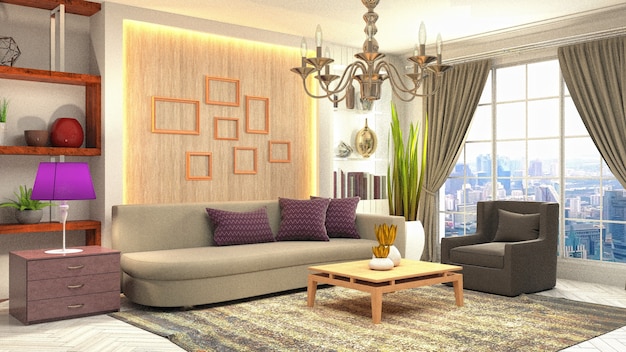 3D rendering of a modern and cozy living room