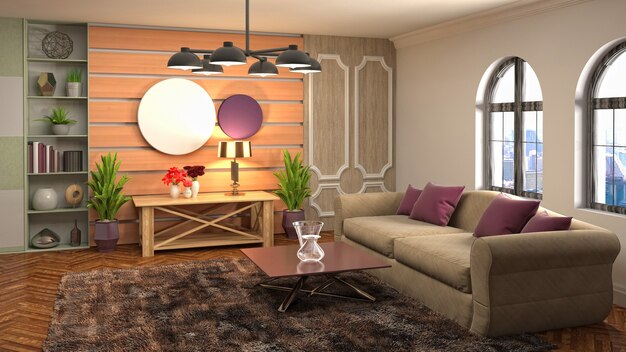 3D rendering of a modern and cozy living room