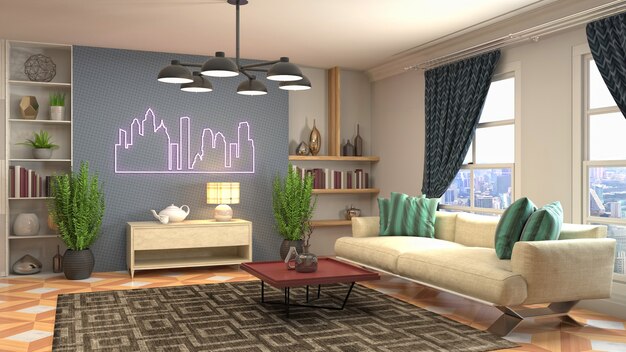 3D rendering of a modern and cozy living room