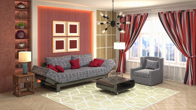 3D rendering of a modern and cozy living room