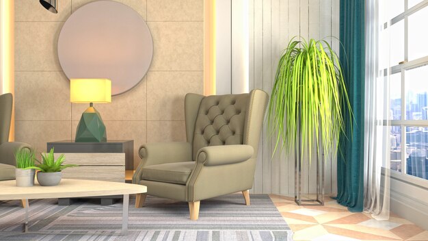 3D rendering of a modern and cozy living room