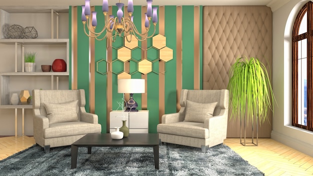 3D rendering of a modern and cozy living room