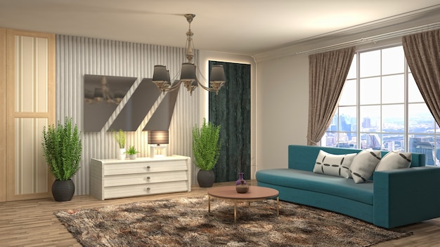 3D rendering of a modern and cozy living room