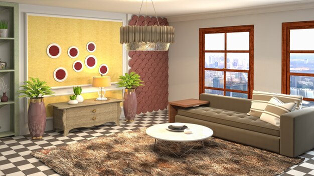 3D rendering of a modern and cozy living room