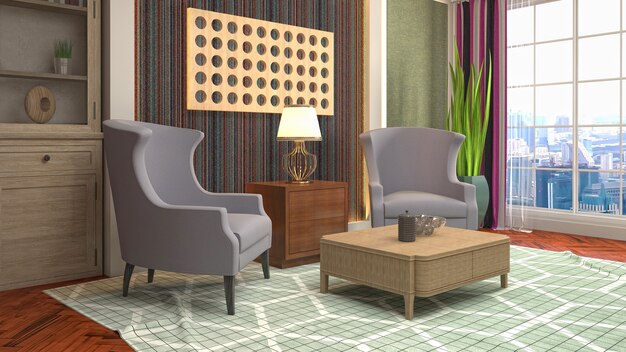 3D rendering of a modern and cozy living room