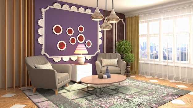 3D rendering of a modern and cozy living room