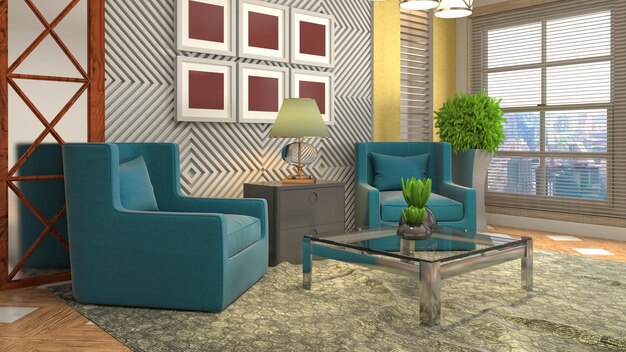 3D rendering of a modern and cozy living room