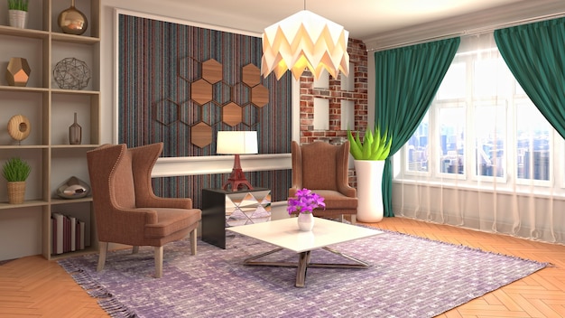 Rendering 3d di un soggiorno moderno e accogliente