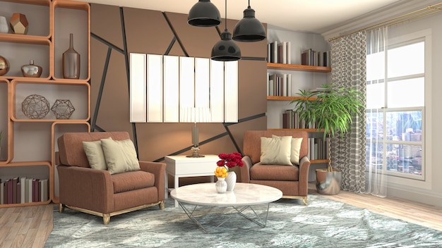 3D rendering of a modern and cozy living room