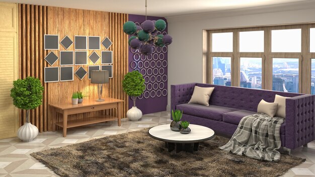 3D rendering of a modern and cozy living room