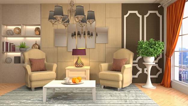 3D rendering of a modern and cozy living room