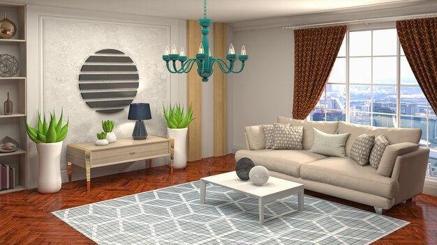 3D rendering of a modern and cozy living room