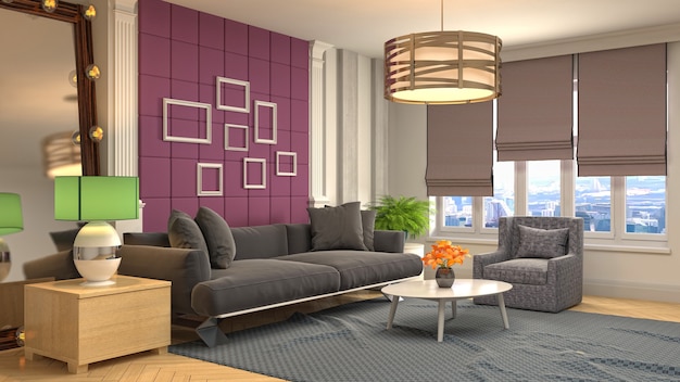 3D rendering of a modern and cozy living room